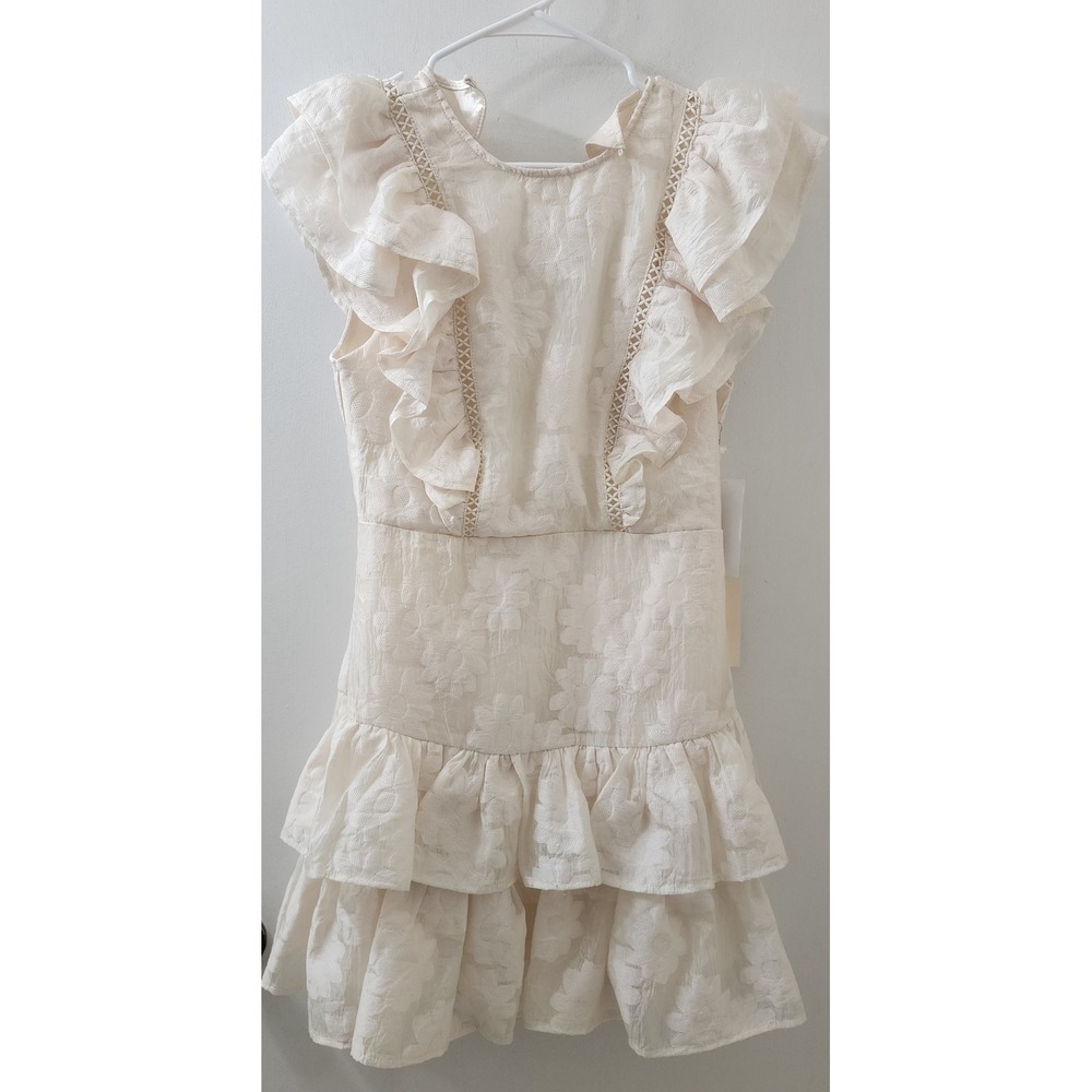 Arose Studio Cream Floral Jacquard Ruffle Mini Dress Medium NWT Ladder Lace Trim